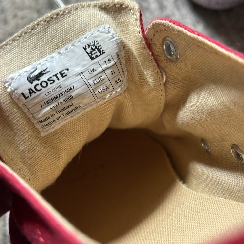 Lacoste Red Canvas Sneakers white accents - lace up - men’s 8.5 - Picture 6 of 7